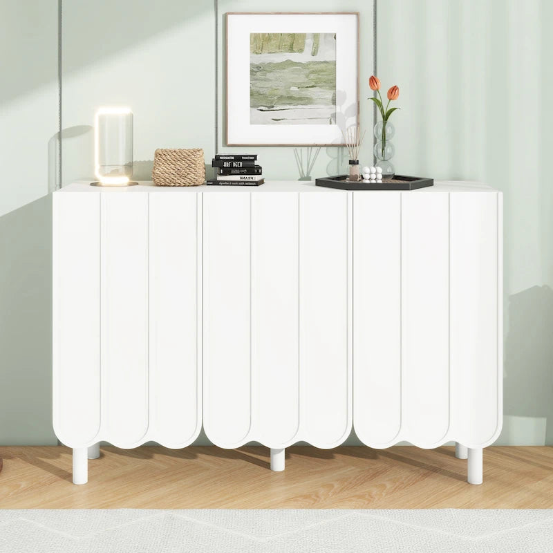 Credenza portacaldaie minimalista in stile crema con 5 gambe in legno massello, credenza a buffet con ripiani regolabili