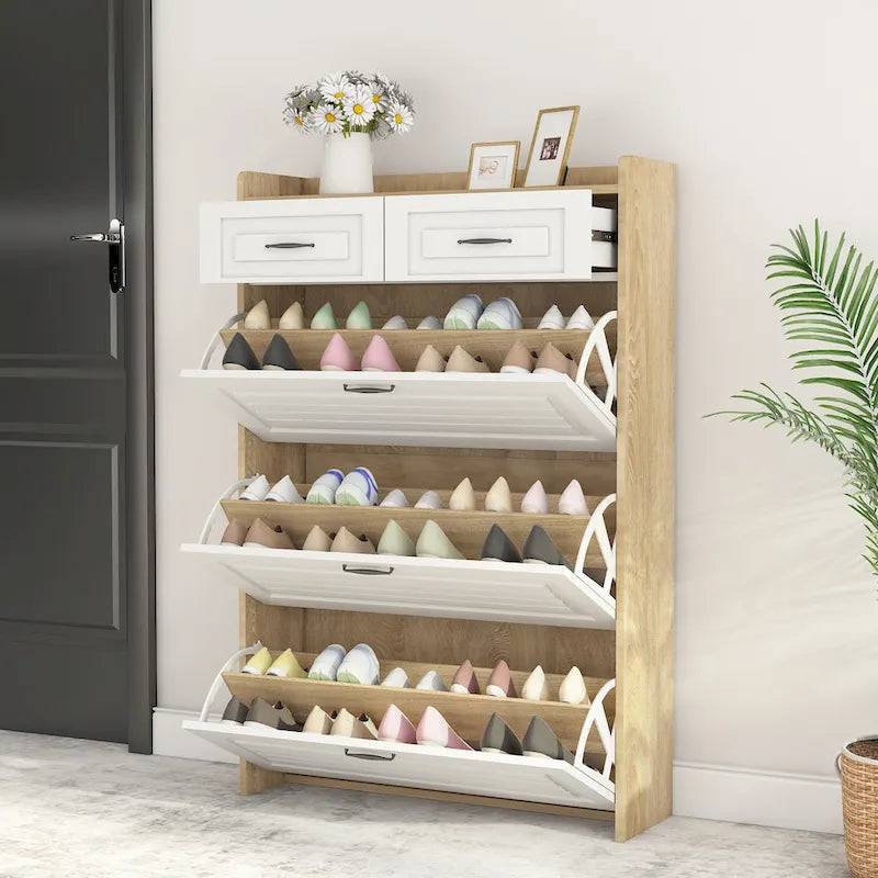 Scarpiera per Ingresso, Scarpiera Sottile Organizzatore con 2 Cassetti a Ribalta e Ripiani Regolabili per 10 Paia di Scarpe