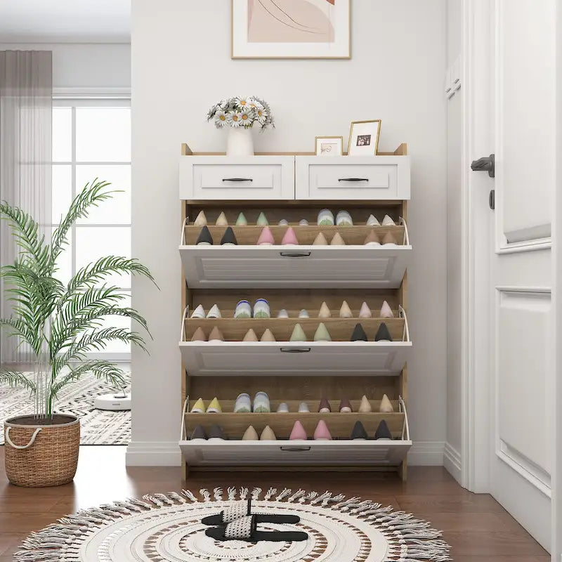 Scarpiera per Ingresso, Scarpiera Sottile Organizzatore con 2 Cassetti a Ribalta e Ripiani Regolabili per 10 Paia di Scarpe