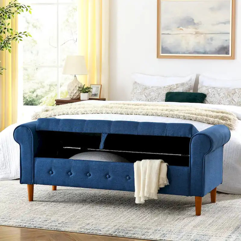 Panca contenitore imbottita con bottoni a trapuntatura profonda a 62 posti, Pouf moderno rivestito in tessuto, Panca da finestra, Design con braccioli arrotolati