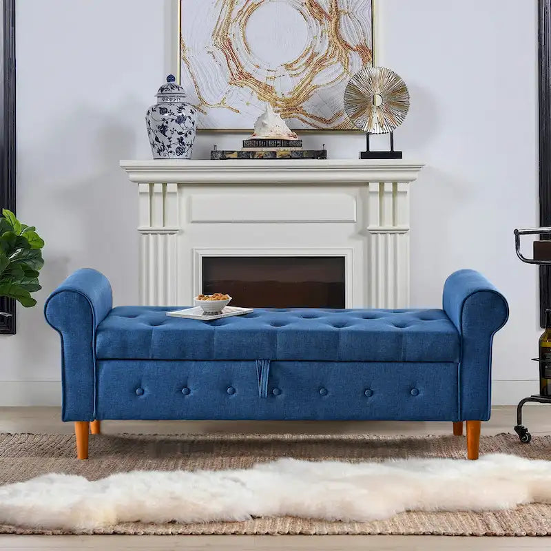 Panca contenitore imbottita con bottoni a trapuntatura profonda a 62 posti, Pouf moderno rivestito in tessuto, Panca da finestra, Design con braccioli arrotolati