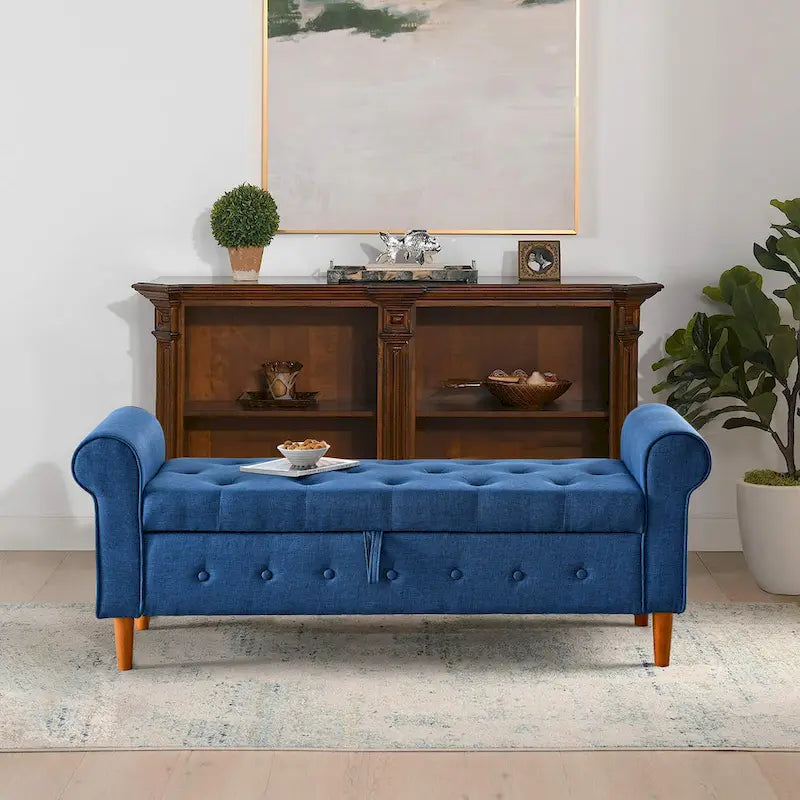 Panca contenitore imbottita con bottoni a trapuntatura profonda a 62 posti, Pouf moderno rivestito in tessuto, Panca da finestra, Design con braccioli arrotolati