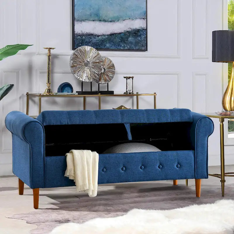 Panca contenitore imbottita con bottoni a trapuntatura profonda a 62 posti, Pouf moderno rivestito in tessuto, Panca da finestra, Design con braccioli arrotolati