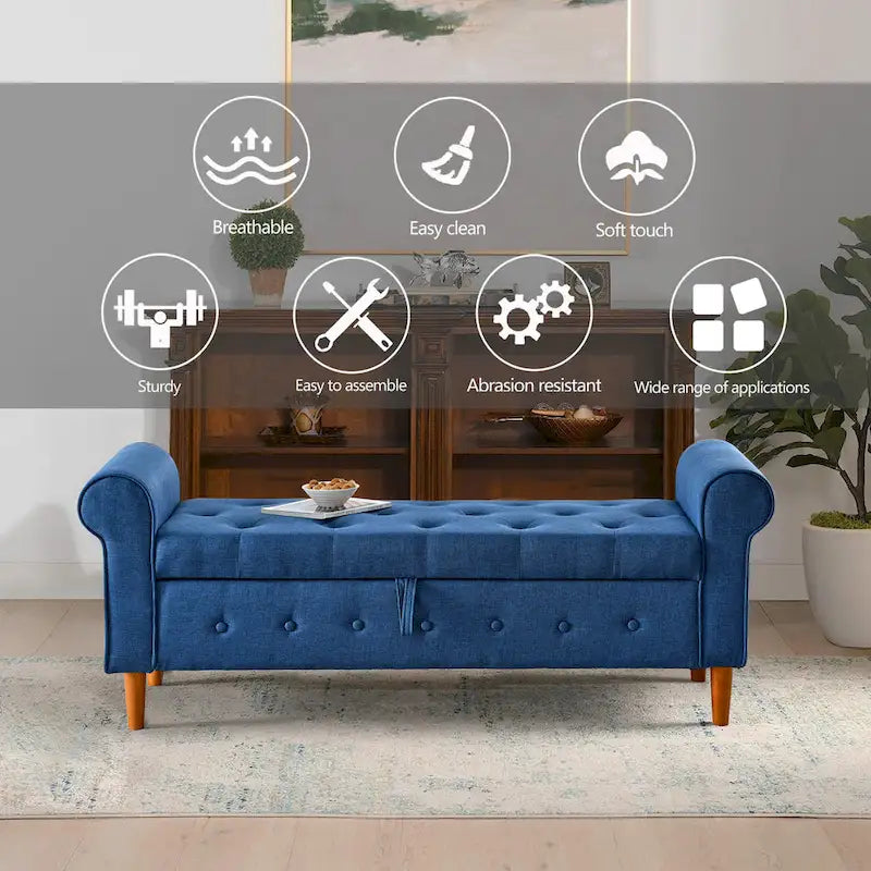Panca contenitore imbottita con bottoni a trapuntatura profonda a 62 posti, Pouf moderno rivestito in tessuto, Panca da finestra, Design con braccioli arrotolati