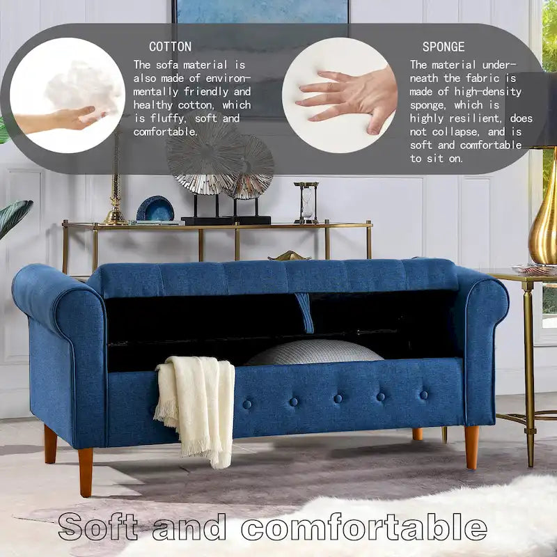 Panca contenitore imbottita con bottoni a trapuntatura profonda a 62 posti, Pouf moderno rivestito in tessuto, Panca da finestra, Design con braccioli arrotolati