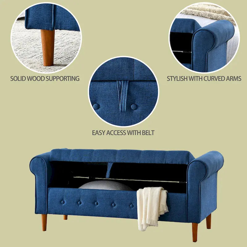 Panca contenitore imbottita con bottoni a trapuntatura profonda a 62 posti, Pouf moderno rivestito in tessuto, Panca da finestra, Design con braccioli arrotolati