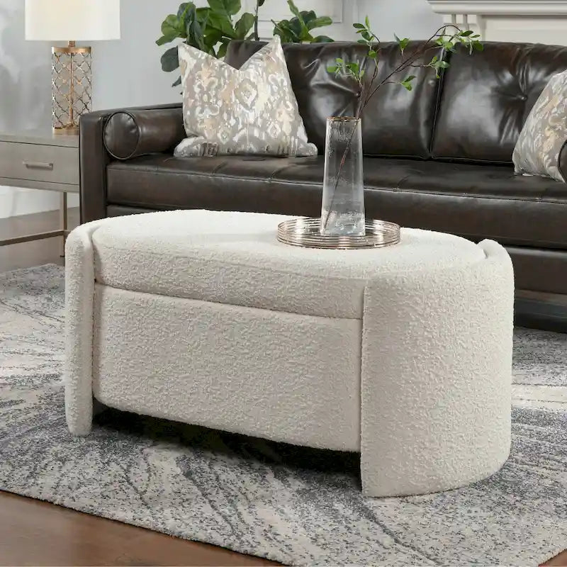  43 Ivory White Boucle Sherpa Upholstered Oval Storage Bench - 43W X 21D X 18.5H