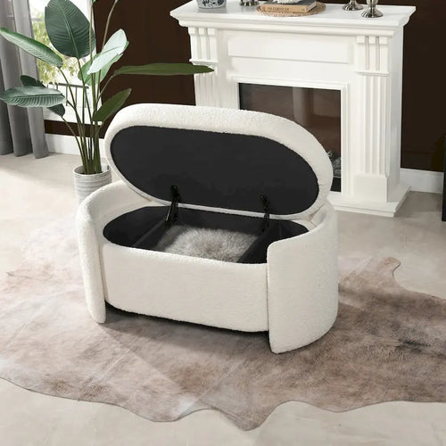 Panca contenitore ovale rivestita in tessuto Sherpa bouclé, 43" L x 21" P x 18,5" A – Bianco avorio