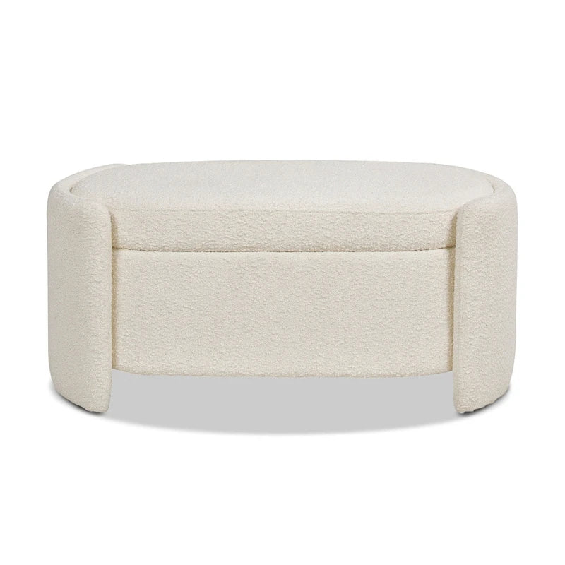 Panca contenitore ovale rivestita in tessuto Sherpa bouclé, 43" L x 21" P x 18,5" A – Bianco avorio