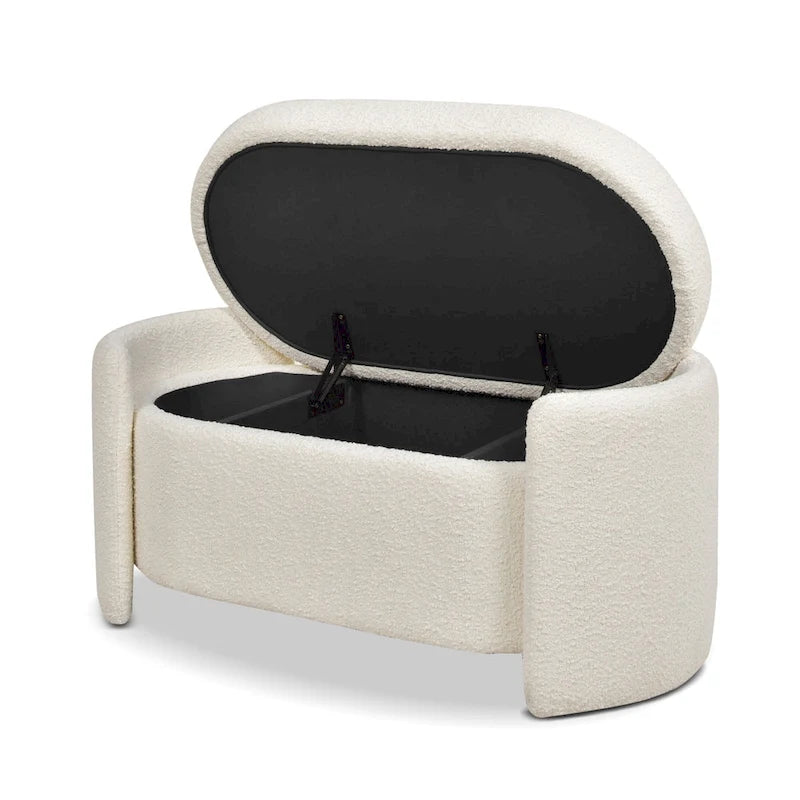Panca contenitore ovale rivestita in tessuto Sherpa bouclé, 43" L x 21" P x 18,5" A – Bianco avorio