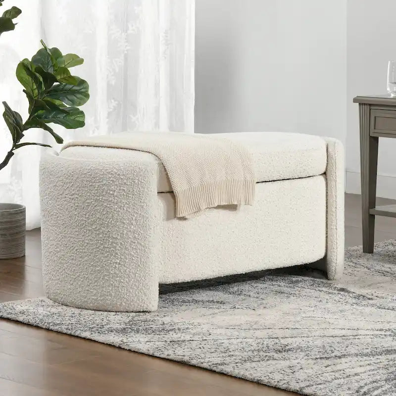 Panca contenitore ovale rivestita in tessuto Sherpa bouclé, 43" L x 21" P x 18,5" A – Bianco avorio