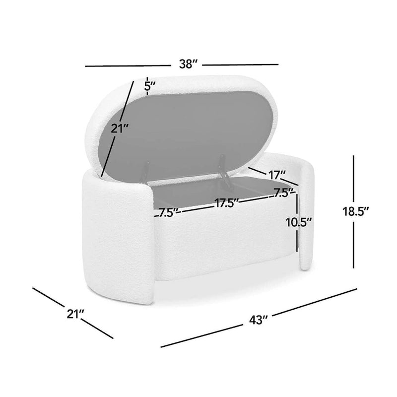 Panca contenitore ovale rivestita in tessuto Sherpa bouclé, 43" L x 21" P x 18,5" A – Bianco avorio