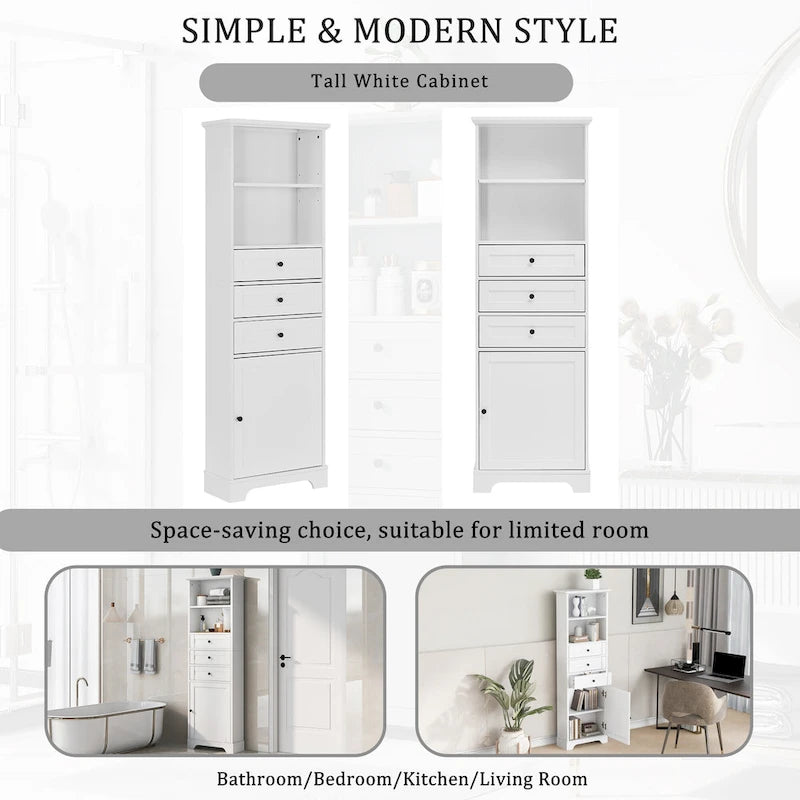 Mobile contenitore moderno bianco con 3 cassetti e ripiani regolabili per bagno, cucina e soggiorno