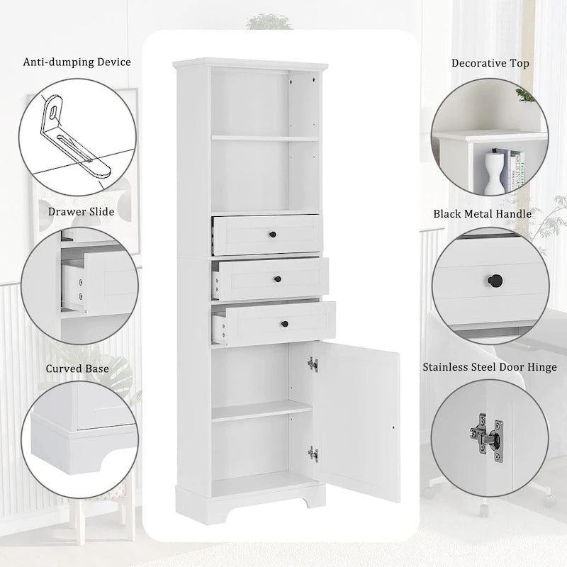 Mobile contenitore moderno bianco con 3 cassetti e ripiani regolabili per bagno, cucina e soggiorno