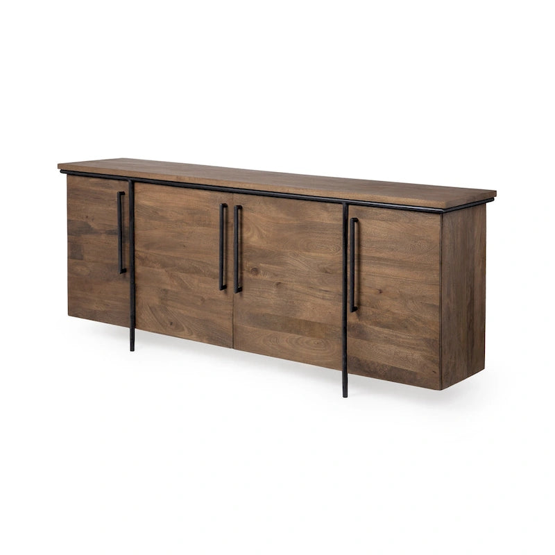  Brown Solid Wood w/ Black Metal Accent 4 Door Cabinet Sideboard - 80.0L x 19.0W x 33.0H