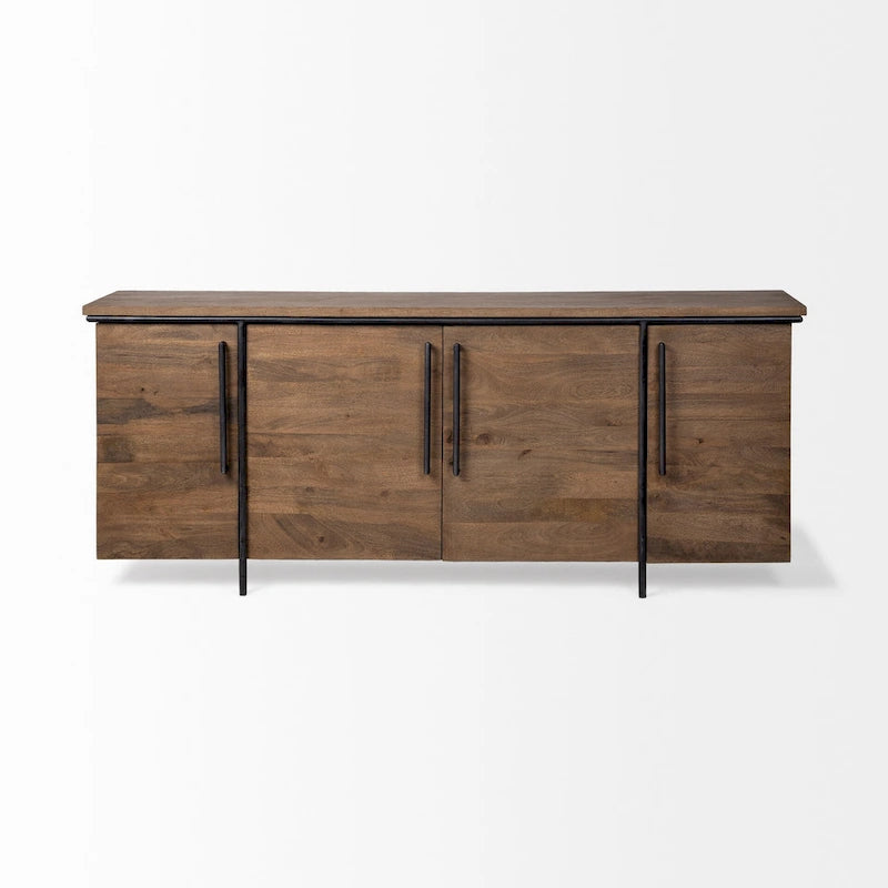 Madia a 4 Ante in Legno Massello Marrone con Dettagli in Metallo Nero - 80,0L x 19,0W x 33,0H
