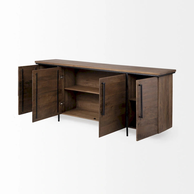 Madia a 4 Ante in Legno Massello Marrone con Dettagli in Metallo Nero - 80,0L x 19,0W x 33,0H