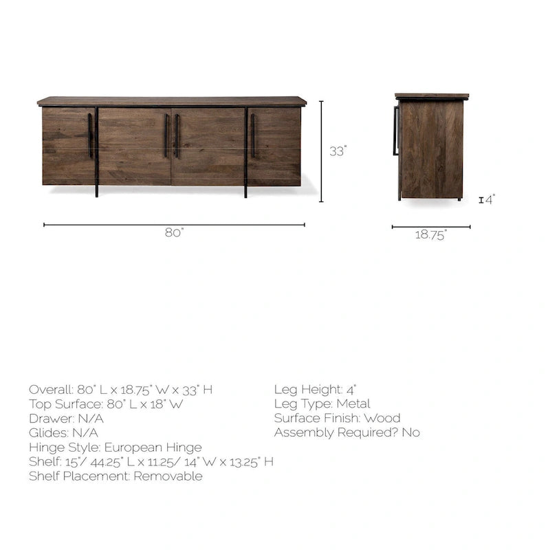 Madia a 4 Ante in Legno Massello Marrone con Dettagli in Metallo Nero - 80,0L x 19,0W x 33,0H