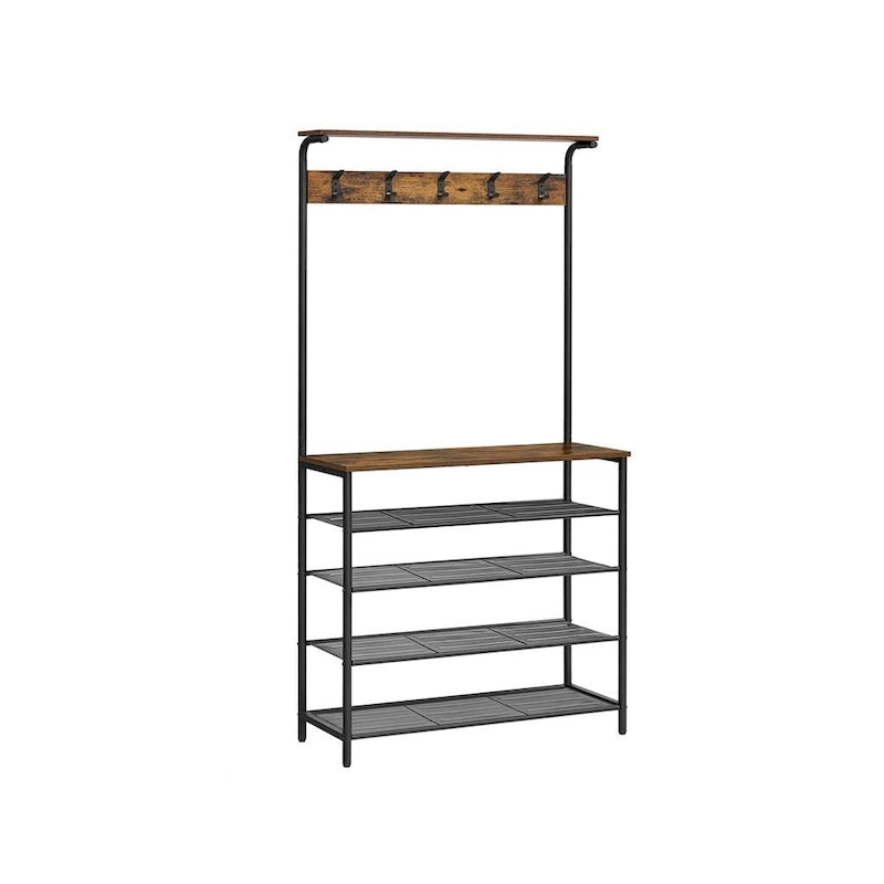 Appendiabiti da Ingresso Industriale Marrone Rustico Nero con Ganci Appendiabiti, Scarpiera a 5 Livelli e Ripiani Contenitori, 80 cm