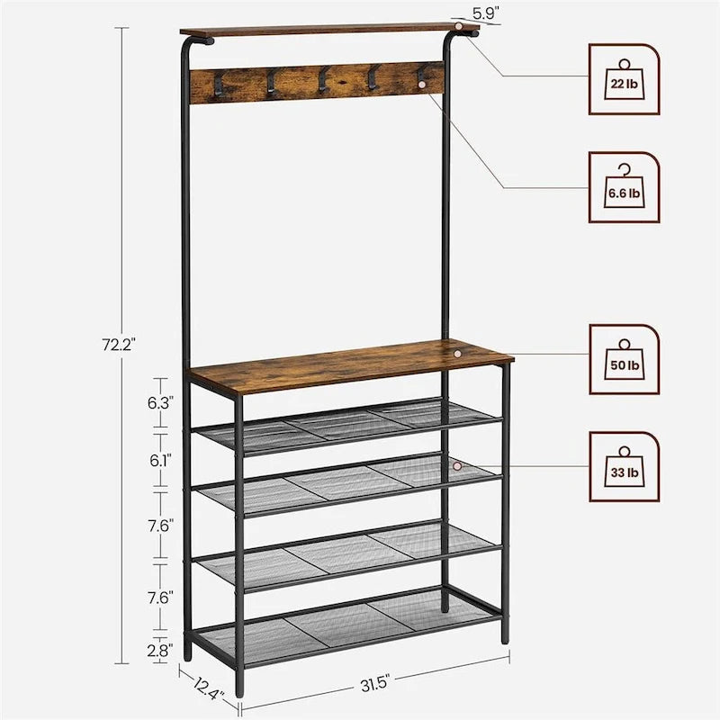 Appendiabiti da Ingresso Industriale Marrone Rustico Nero con Ganci Appendiabiti, Scarpiera a 5 Livelli e Ripiani Contenitori, 80 cm