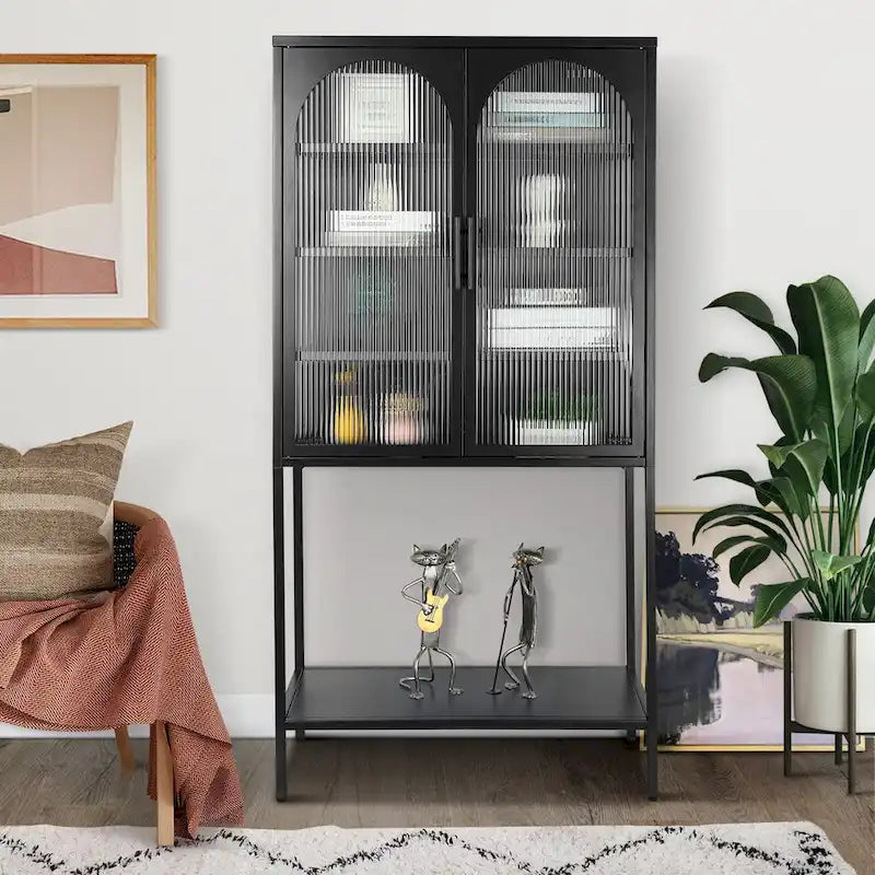 Elegante mobiletto da pavimento con 2 ante ad arco in vetro, vetrinetta da soggiorno con ripiani regolabili, antiribaltamento e antipolvere