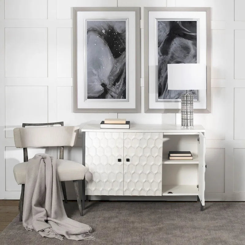  White Fir Veneer w/ Iron Frame & 3 Doors Accent Cabinet - 47.2L x 15.7W x 31.5H