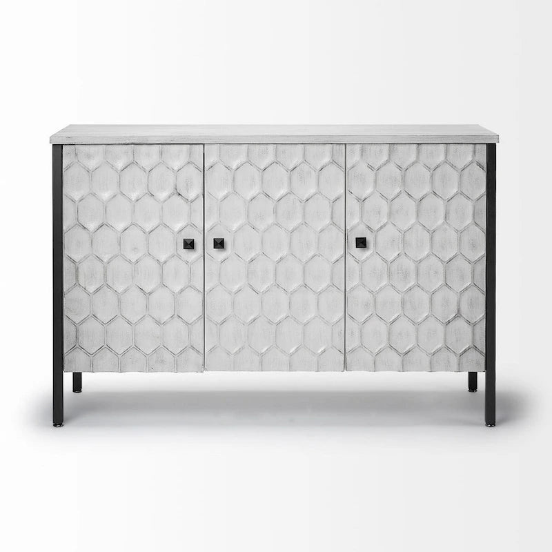 Credenza a 3 ante con struttura in ferro e impiallacciatura in abete bianco - 120 cm L x 40 cm P x 80 cm H