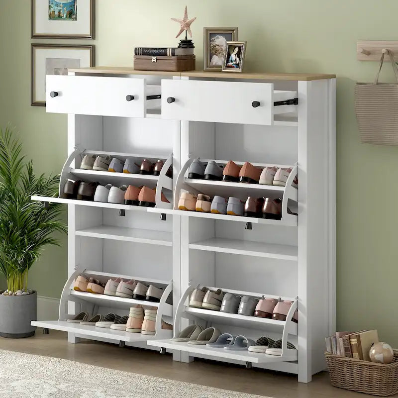 Set scarpiera sottile con 4 cassetti a ribalta, scarpiera superiore con motivo a venature del legno con pannello regolabile, scarpiera con cassetti per l'ingresso