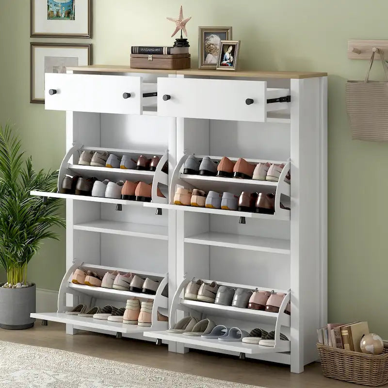 Slim Shoe Cabinet Set with 4 Flip Drawers,Wood Grain Pattern Top Shoe with Adjustable Panel,Shoe Rack with Drawers for Hallway