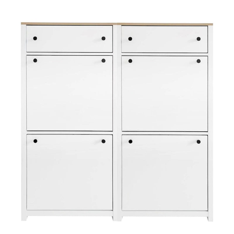 Set scarpiera sottile con 4 cassetti a ribalta, scarpiera superiore con motivo a venature del legno con pannello regolabile, scarpiera con cassetti per l'ingresso