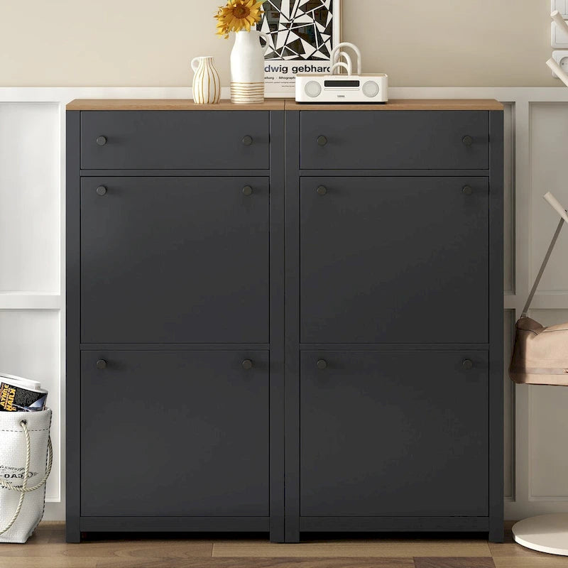 Set scarpiera sottile con 4 cassetti a ribalta, scarpiera superiore con motivo a venature del legno con pannello regolabile, scarpiera con cassetti per l'ingresso