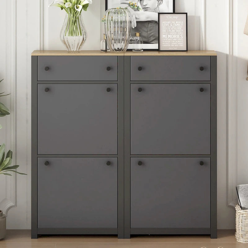 Set scarpiera sottile con 4 cassetti a ribalta, scarpiera superiore con motivo a venature del legno con pannello regolabile, scarpiera con cassetti per l'ingresso