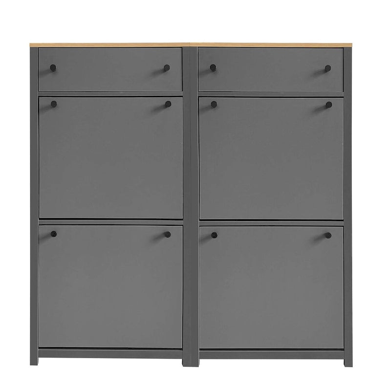 Set scarpiera sottile con 4 cassetti a ribalta, scarpiera superiore con motivo a venature del legno con pannello regolabile, scarpiera con cassetti per l'ingresso
