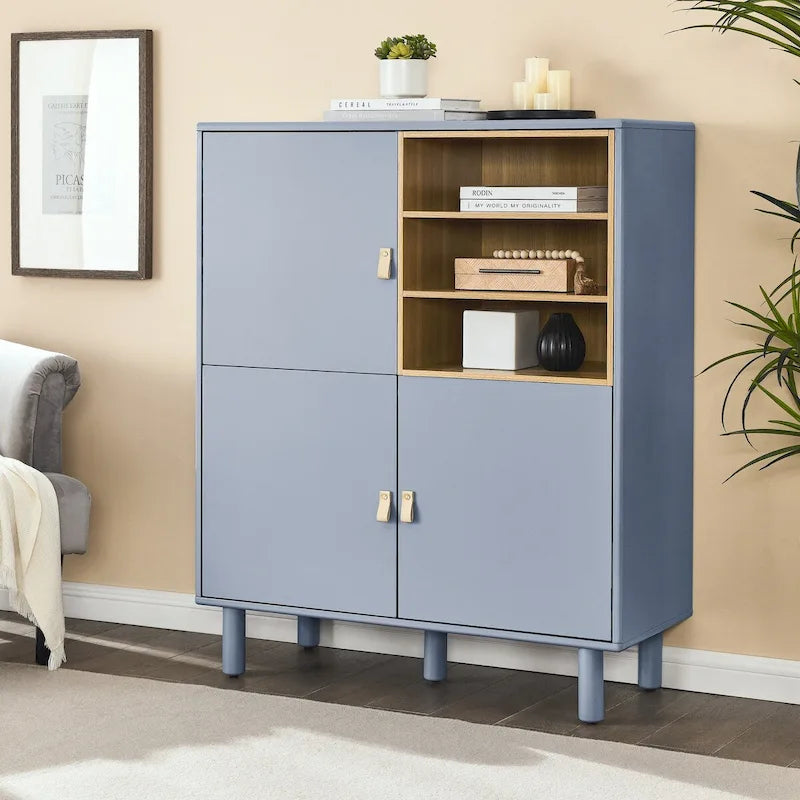 Mobile contenitore con anta, multifunzionale, mobile credenza moderno, mobile contenitore in legno, mobile cassettiera con maniglie in pelle