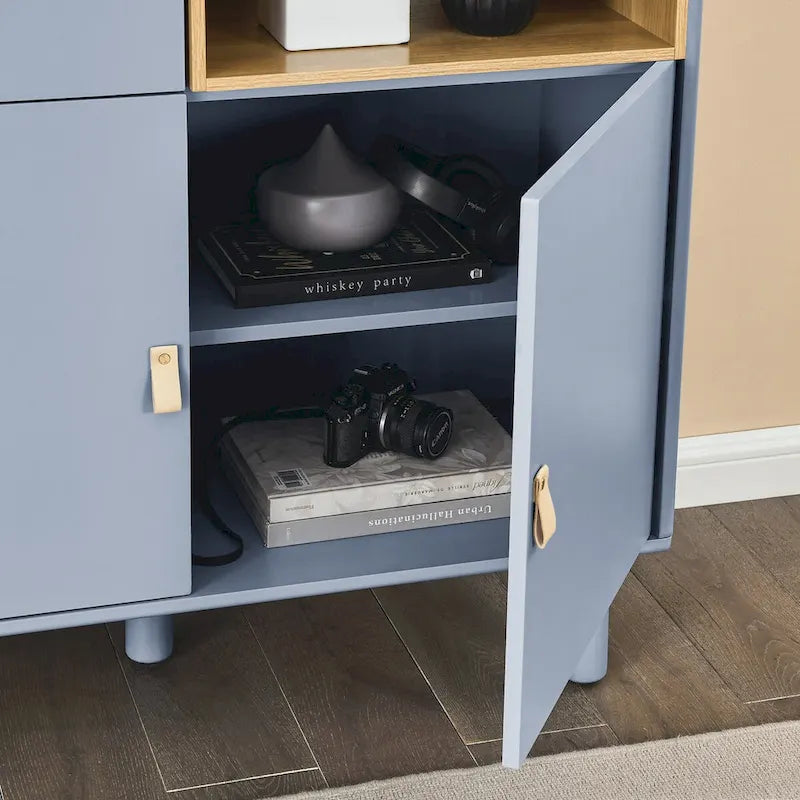 Mobile contenitore con anta, multifunzionale, mobile credenza moderno, mobile contenitore in legno, mobile cassettiera con maniglie in pelle