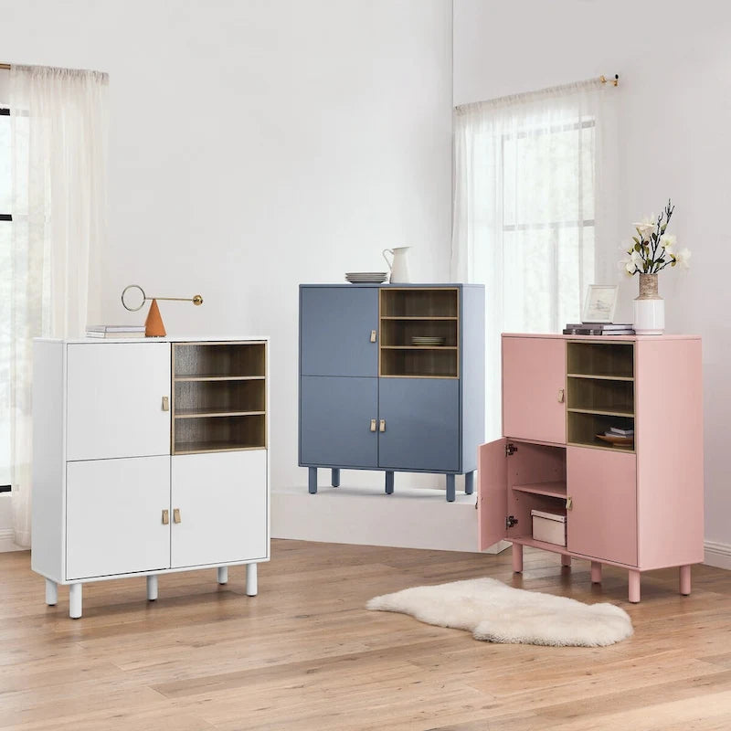Mobile contenitore con anta, multifunzionale, mobile credenza moderno, mobile contenitore in legno, mobile cassettiera con maniglie in pelle