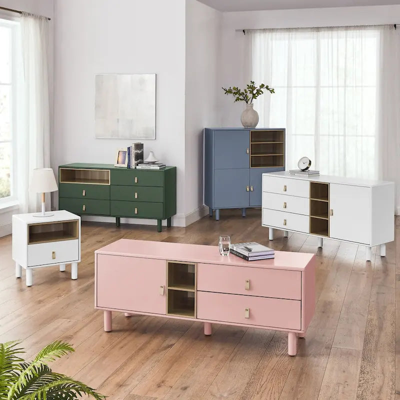 Mobile contenitore con anta, multifunzionale, mobile credenza moderno, mobile contenitore in legno, mobile cassettiera con maniglie in pelle
