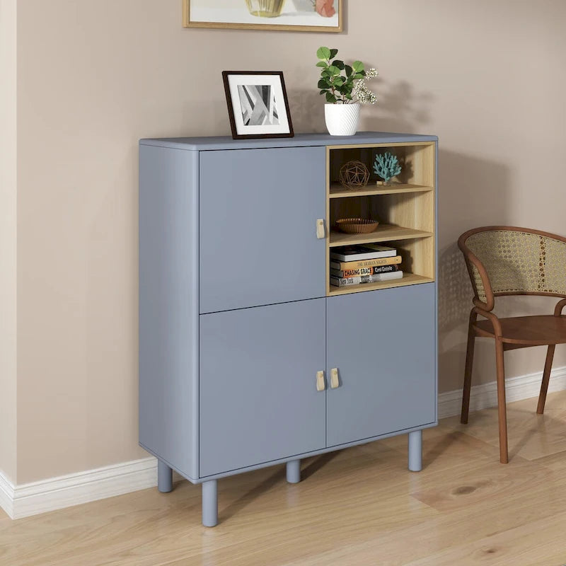 Mobile contenitore con anta, multifunzionale, mobile credenza moderno, mobile contenitore in legno, mobile cassettiera con maniglie in pelle