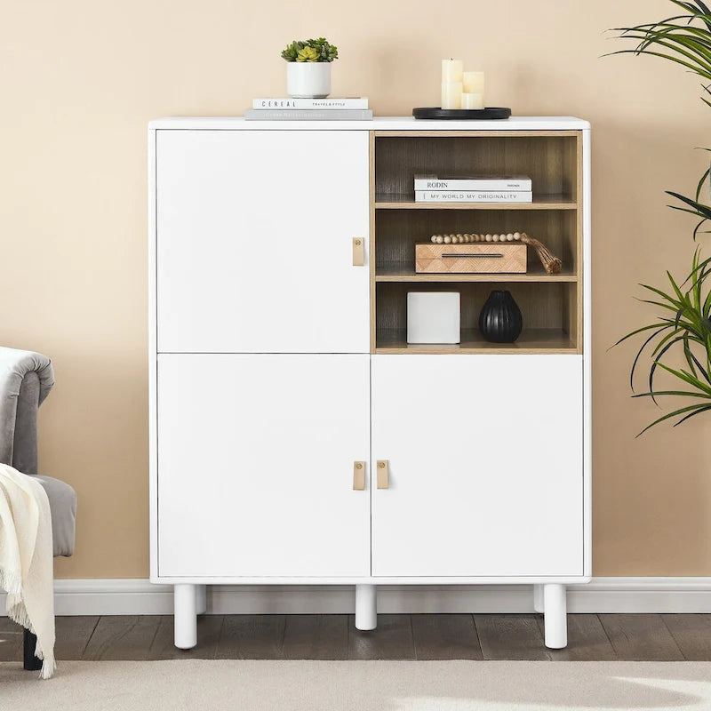 Mobile contenitore con anta, multifunzionale, mobile credenza moderno, mobile contenitore in legno, mobile cassettiera con maniglie in pelle