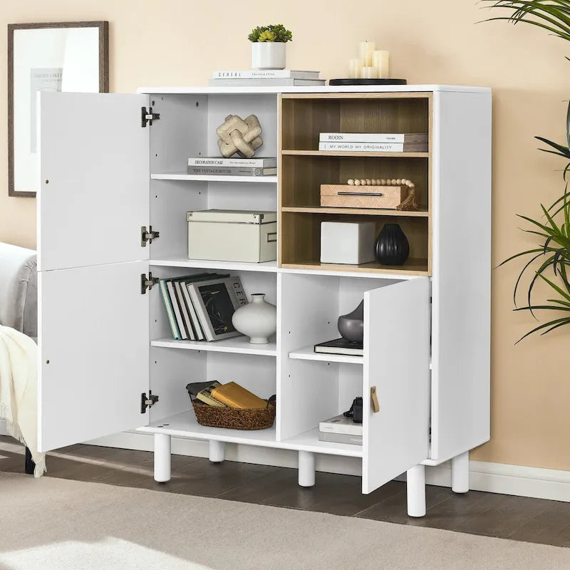 Mobile contenitore con anta, multifunzionale, mobile credenza moderno, mobile contenitore in legno, mobile cassettiera con maniglie in pelle