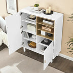 Mobile contenitore con anta, multifunzionale, mobile credenza moderno, mobile contenitore in legno, mobile cassettiera con maniglie in pelle