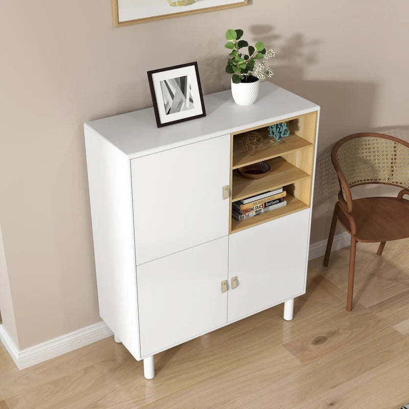 Mobile contenitore con anta, multifunzionale, mobile credenza moderno, mobile contenitore in legno, mobile cassettiera con maniglie in pelle