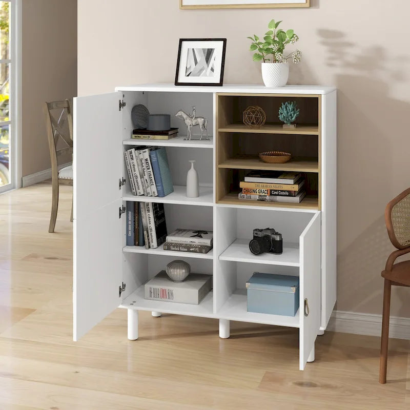 Mobile contenitore con anta, multifunzionale, mobile credenza moderno, mobile contenitore in legno, mobile cassettiera con maniglie in pelle