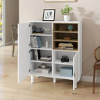 Mobile contenitore con anta, multifunzionale, mobile credenza moderno, mobile contenitore in legno, mobile cassettiera con maniglie in pelle