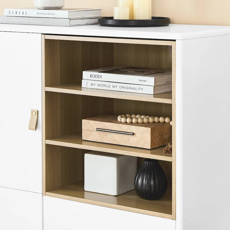 Mobile contenitore con anta, multifunzionale, mobile credenza moderno, mobile contenitore in legno, mobile cassettiera con maniglie in pelle