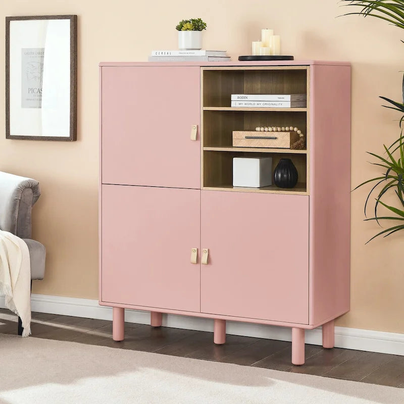 Mobile contenitore con anta, multifunzionale, mobile credenza moderno, mobile contenitore in legno, mobile cassettiera con maniglie in pelle