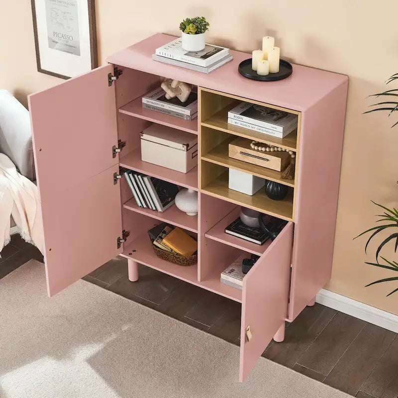 Mobile contenitore con anta, multifunzionale, mobile credenza moderno, mobile contenitore in legno, mobile cassettiera con maniglie in pelle