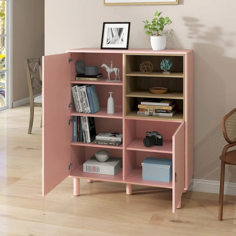 Mobile contenitore con anta, multifunzionale, mobile credenza moderno, mobile contenitore in legno, mobile cassettiera con maniglie in pelle
