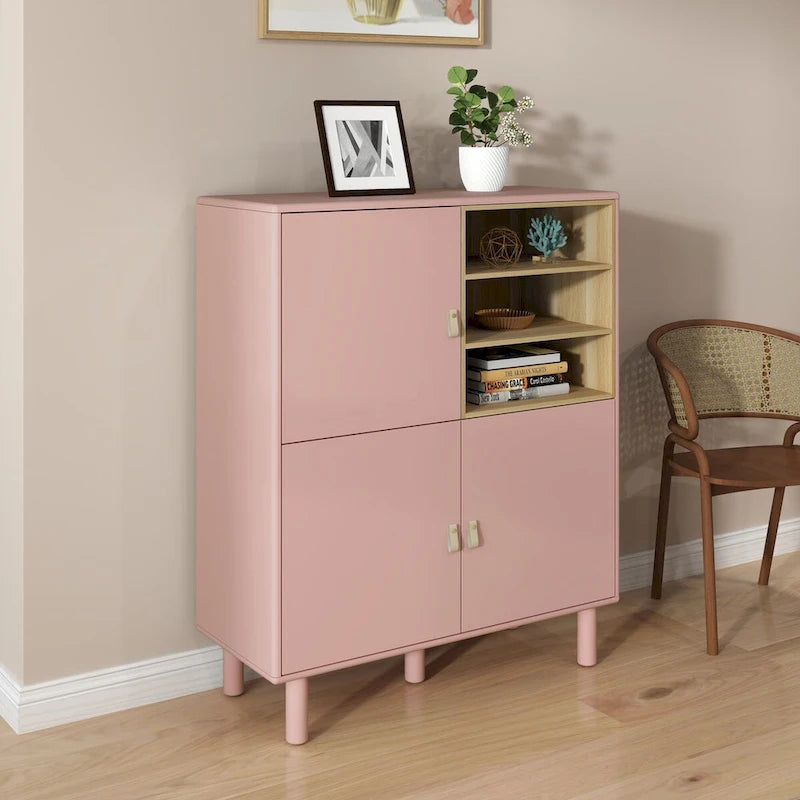 Mobile contenitore con anta, multifunzionale, mobile credenza moderno, mobile contenitore in legno, mobile cassettiera con maniglie in pelle