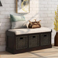 Panca Contenitore Rustica con 3 Cestini Classici in Rattan Rimovibili, Panca da Ingresso con Cuscino Rimovibile